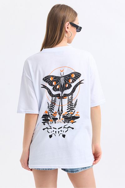 MD trend Women's Front and Back Butterfly Printed Cotton Oversize T-Shirt