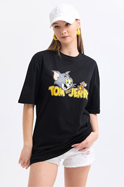 MD trend Women's Front And Back Tom Jerry Printed Cotton Oversize T-Shirt
