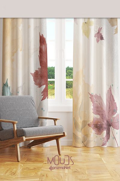 Moud's Autumn Leaves Patterned Suede Living Room Hall Background Curtain Printed Extrafor Drawstring 2 Sash PRD-1060