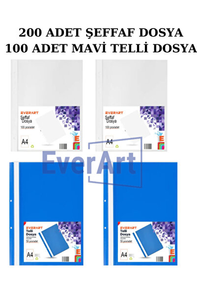 everart Şeffaf Poşet Dosya 2 Paket (200 Adet) Mavi Telli Dosya 2 paket (100 A...