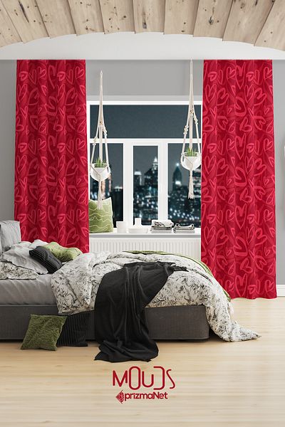 Moud's Red Pink Hearts Patterned Suede Living Room Hall Background Curtain Extrafor Drawstring 2 Sash PRD-1044