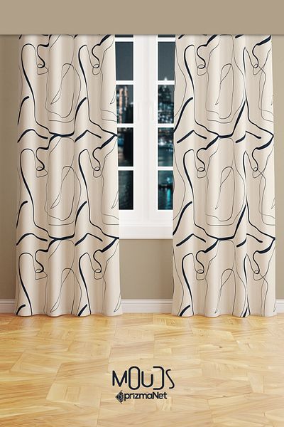 Moud's Omegu 4 Patterned Suede Living Room Hall Background Curtain Digital Printed Extrafor Drawstring 2 Sash PRD-1054