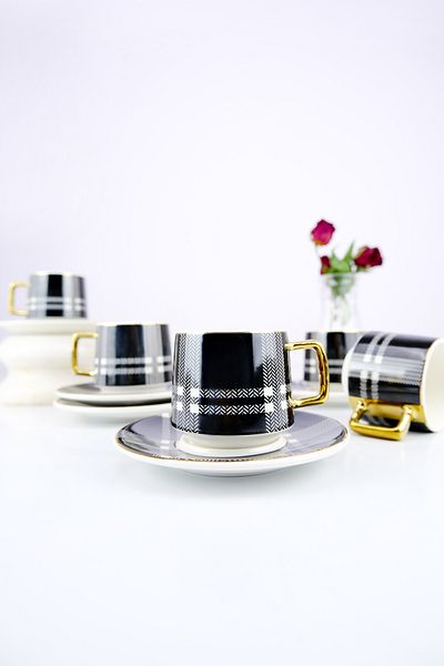 ACAR Porcelain Mira 6-Person Coffee Cup Set Gold Gilt Black - PORJ-05212