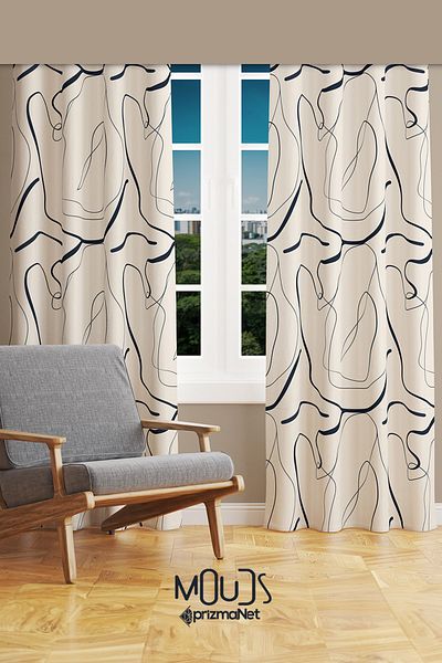 Moud's Omegu 4 Patterned Suede Living Room Hall Background Curtain Digital Printed Extrafor Drawstring 2 Sash PRD-1054