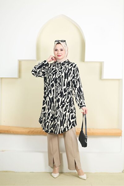 Swet Shop Jeans Women's Large Size Battal Black and White Color Woven Viscose Fabric Tunic