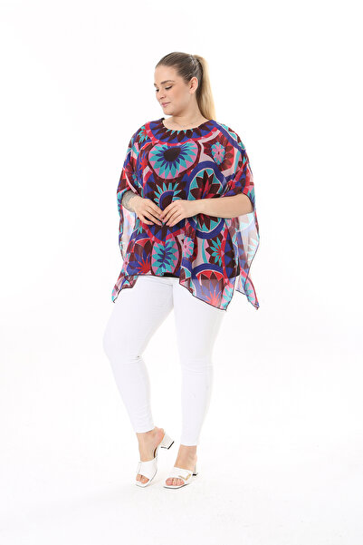 XL Modam WOMEN'S LARGE SIZE RED BLUE CHIFFON TUNIC