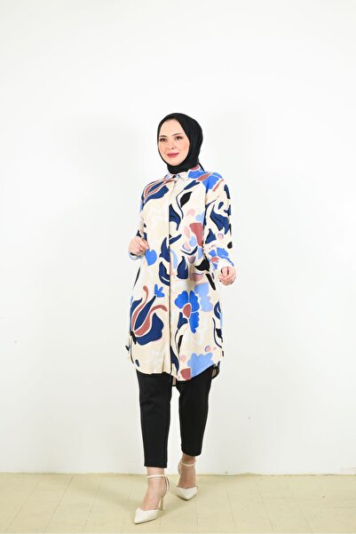 Swet Shop Jeans Women's Large Size Oversize Blue White Color Woven Viscose Fabric Tunic