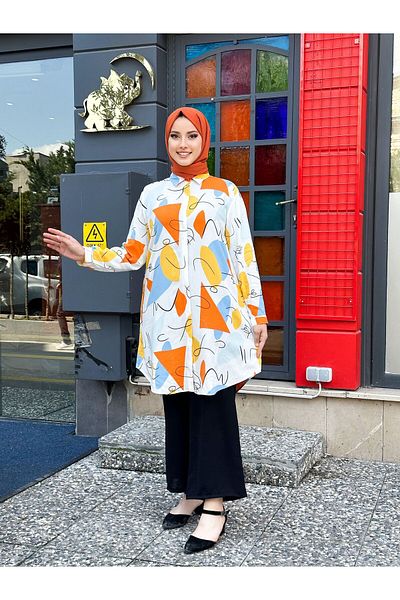 Swet Shop Jeans Women's Large Size Oversize Orange White Color Woven Viscose Fabric Tunic