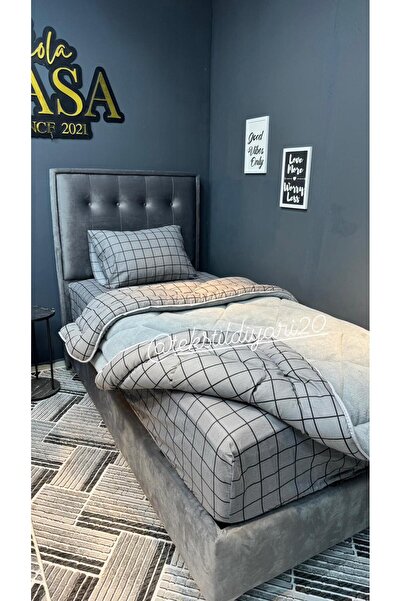 tekstildiyarı Tek Kişilik Welsoft Puffy Uyku Seti (Lastikli Çarşaflı) Füme Kare