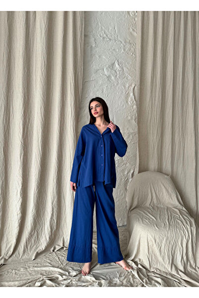 Laluvia Indigo vászon kétlábú nadrág ing szett