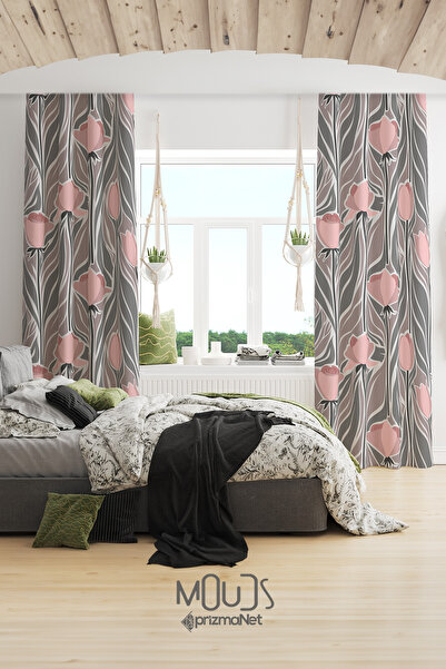 Moud's Mirror Flowers 1 Desenli Süet Oturma Odası Salon Fon Perde Baskılı Eks...