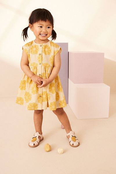 Next Baby Yellow Floral Patterned 100% Cotton Short Sleeve Dress