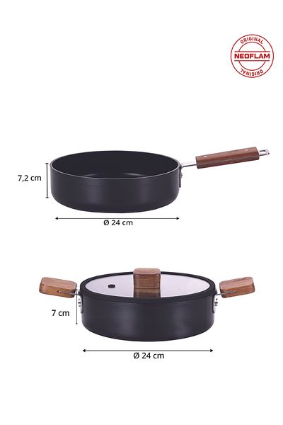 NEOFLAM Bien Black Induction 24 cm Shallow Cookware 24 cm Wok Pan Set 3 Pieces with Acacia Wood Handle