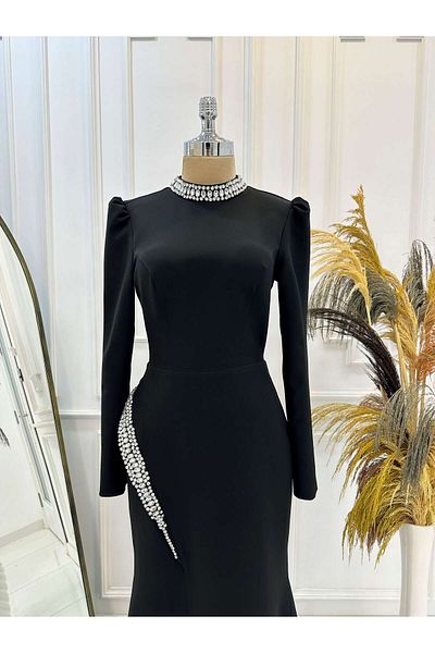 RUVİTA Crepe Evening Dress Collar and Belt Stone Detailed Dress Rosa