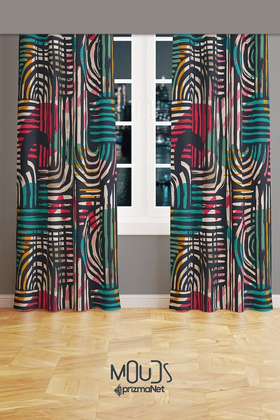 Moud's Colorful Brush Patterned Suede Living Room Hall Background Curtain Printed Extrafor Drawstring 2 Sash PRD-1075