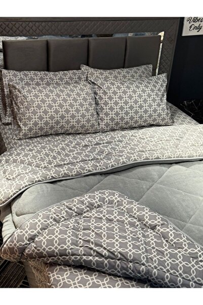 tekstildiyarı Çift Kişilik Welsoft Puffy Uyku Seti (LASTİKLİ ÇARŞAFLI) Zincir Gri