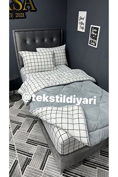 tekstildiyarı Tek Kişilik Welsoft Puffy Uyku Seti (Lastikli Çarşaflı) Beyaz Kare