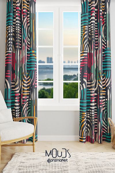 Moud's Colorful Brush Patterned Suede Living Room Hall Background Curtain Printed Extrafor Drawstring 2 Sash PRD-1075