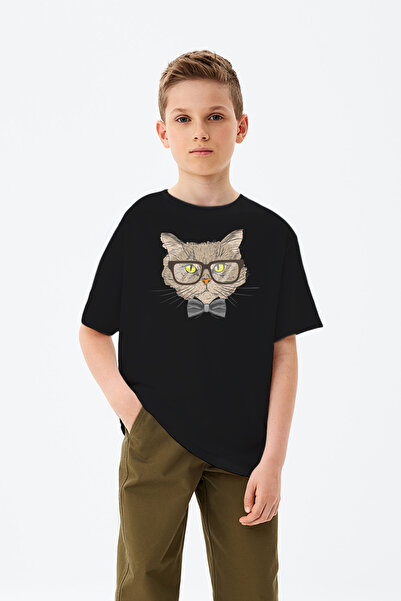 MYADA Tricou pentru băiat cu imprimeu pisică cu ochelari și papion