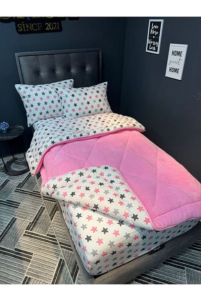 tekstildiyarı Welsoft Puffy Single Sleeping Set - Pink Big Star with Elastic