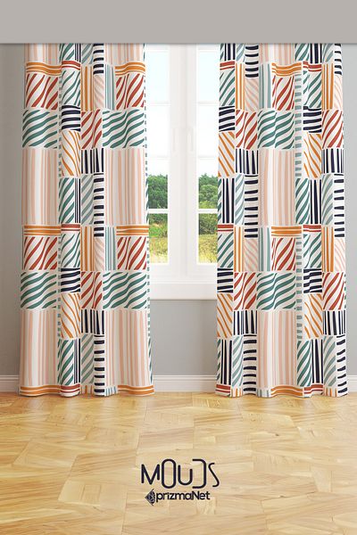 Moud's Colorful Striped Square Patterned Suede Living Room Hall Background Curtain Extrafor Drawstring 2 Sash PRD-1074