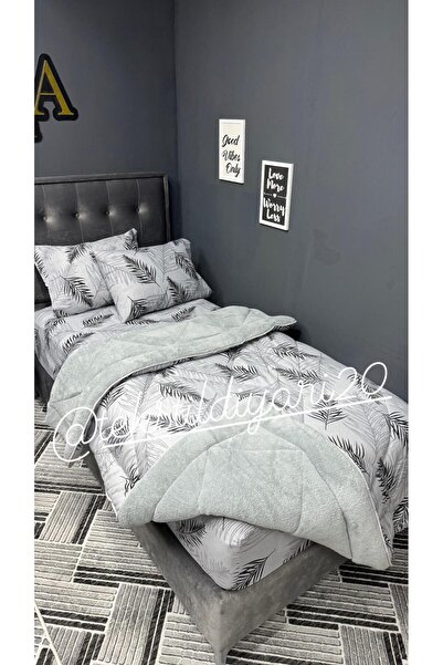 tekstildiyarı Tek Kişilik Welsoft Puffy Uyku Seti (Lastikli Çarşaflı) Gri Tüy