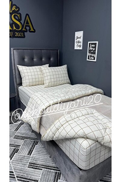 tekstildiyarı Tek Kişilik Welsoft Puffy Uyku Seti (Lastikli Çarşaflı) Krem Kare