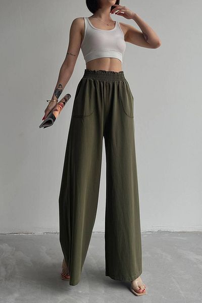 Ortaya Çık Khaki Wide Leg Elastic Waist Gabardine Trousers