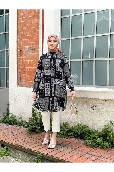Swet Shop Jeans Women's Large Size Battal White Black Color Woven Viscose Fabric Tunic