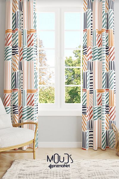 Moud's Colorful Striped Square Patterned Suede Living Room Hall Background Curtain Extrafor Drawstring 2 Sash PRD-1074