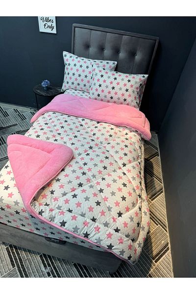 tekstildiyarı Welsoft Puffy Single Sleeping Set - Pink Big Star with Elastic