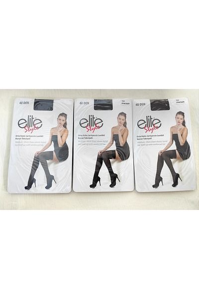 ELİTE STYLE Medium Thick Above Knee Black 3-Piece Garter Stockings Set