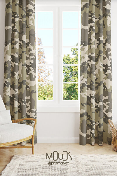 Moud's Yeşil Kamuflaj Desenli Süet Oturma Odası Salon Fon Perde Baskılı Ekstr...