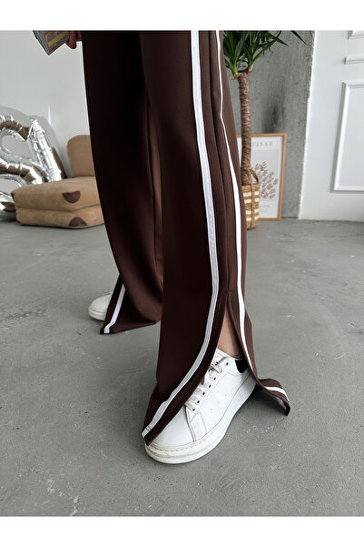 schlank Γυναικείο φούτερ με ριγέ καφέ ριγέ ψηλόμεσο φαρδύ πόδι