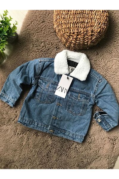 ZRA Baby Blue βελούδινο γιακά πίσω αρκουδάκι Λεπτομερές παιδικό τζιν μπουφάν