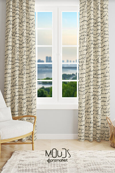 Moud's Krem El Yazısı Desenli Süet Oturma Odası Salon Fon Perde Ekstrafor Büz...