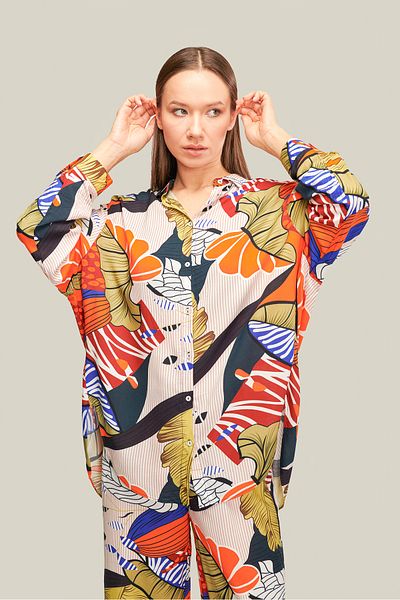 thepery The Pery Orange Patterned Trousers Shirt Set