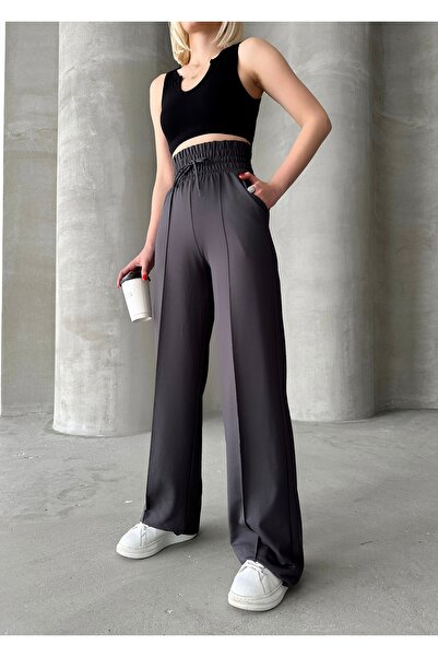 schlank Kadın Antrasit Yüksek Bel Geniş Kemer Çımalı Bol Paça Eşofman Altı