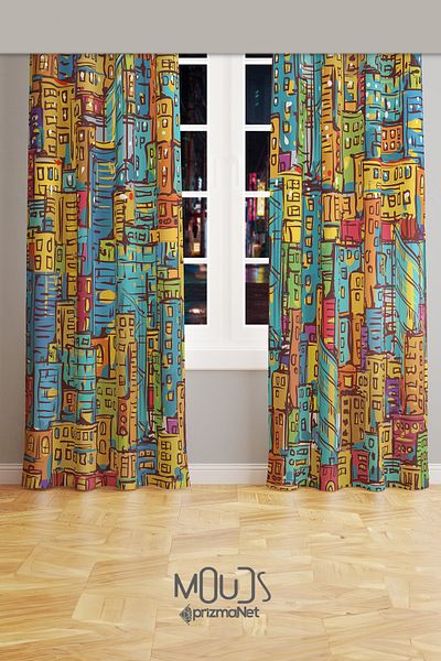Moud's City Art Patterned Suede Living Room Hall Background Curtain Printed Extrafor Drawstring 2 Sash PRD-1092