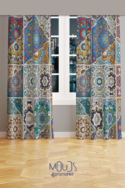 Moud's Mosque Tiles 4 Patterned Suede Living Room Hall Background Curtain Printed Extrafor Drawstring 2 Sash PRD-1087