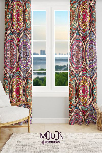 Moud's Colorful Mandala Patterned Suede Living Room Hall Background Curtain Printed Extrafor Drawstring 2 Sash PRD-1102