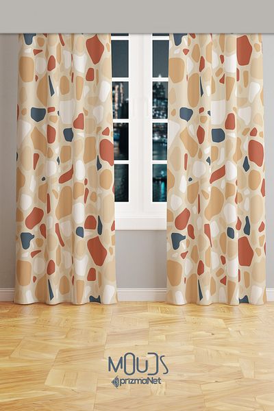 Moud's West Stone Patterned Suede Living Room Hall Background Curtain Printed Extrafor Drawstring 2 Sash PRD-1082