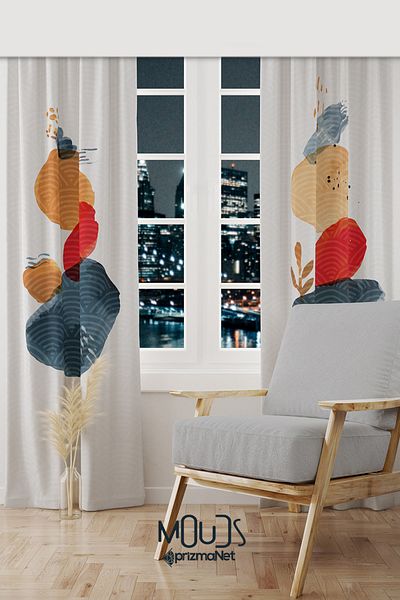 Moud's Japanese Stone Patterned Suede Living Room Hall Background Curtain Printed Extrafor Drawstring 2 Sash PRD-1109