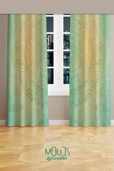 Moud's Green Mandala Patterned Suede Living Room Hall Background Curtain Printed Extrafor Drawstring 2 Sash PRD-1103