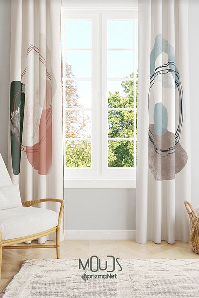 Moud's Soft Oval Patterned Suede Living Room Hall Background Curtain Printed Extrafor Drawstring 2 Sash PRD-1111