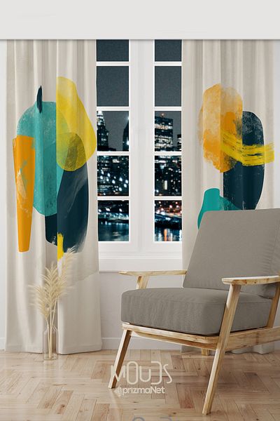 Moud's Colorful Oval Patterned Suede Living Room Hall Background Curtain Printed Extrafor Drawstring 2 Sash PRD-1110