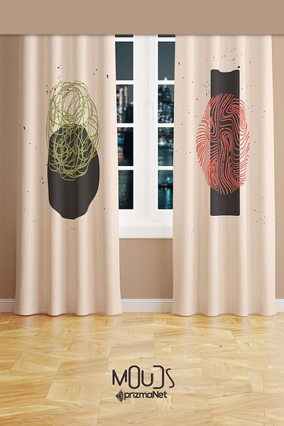 Moud's Minimal Art Patterned Suede Living Room Hall Background Curtain Printed Extrafor Drawstring 2 Sash PRD-1113