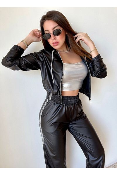 BENİMOLMALI Leather Covered Tracksuit Set 3-Piece Tracksuit Set