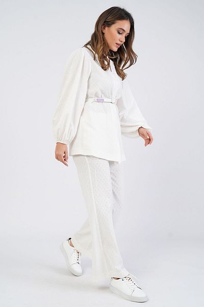 Nelly Women's Elastic Waist 100% Cotton White Wide Leg Trousers
