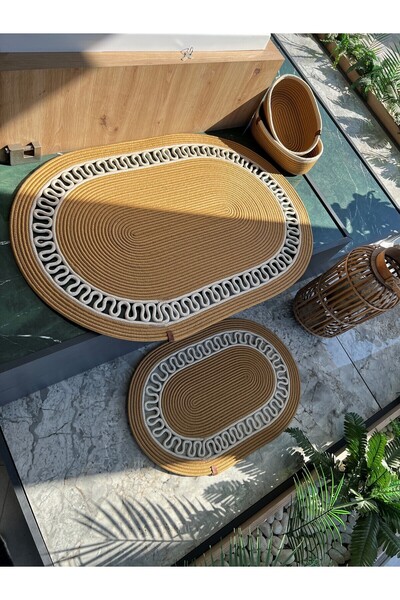 Türkmen Ev Tekstil Jute 4-Piece Bath Mat Set, Wicker Bath Mat, Basket, Balcony Mat, Decor Mat Set
